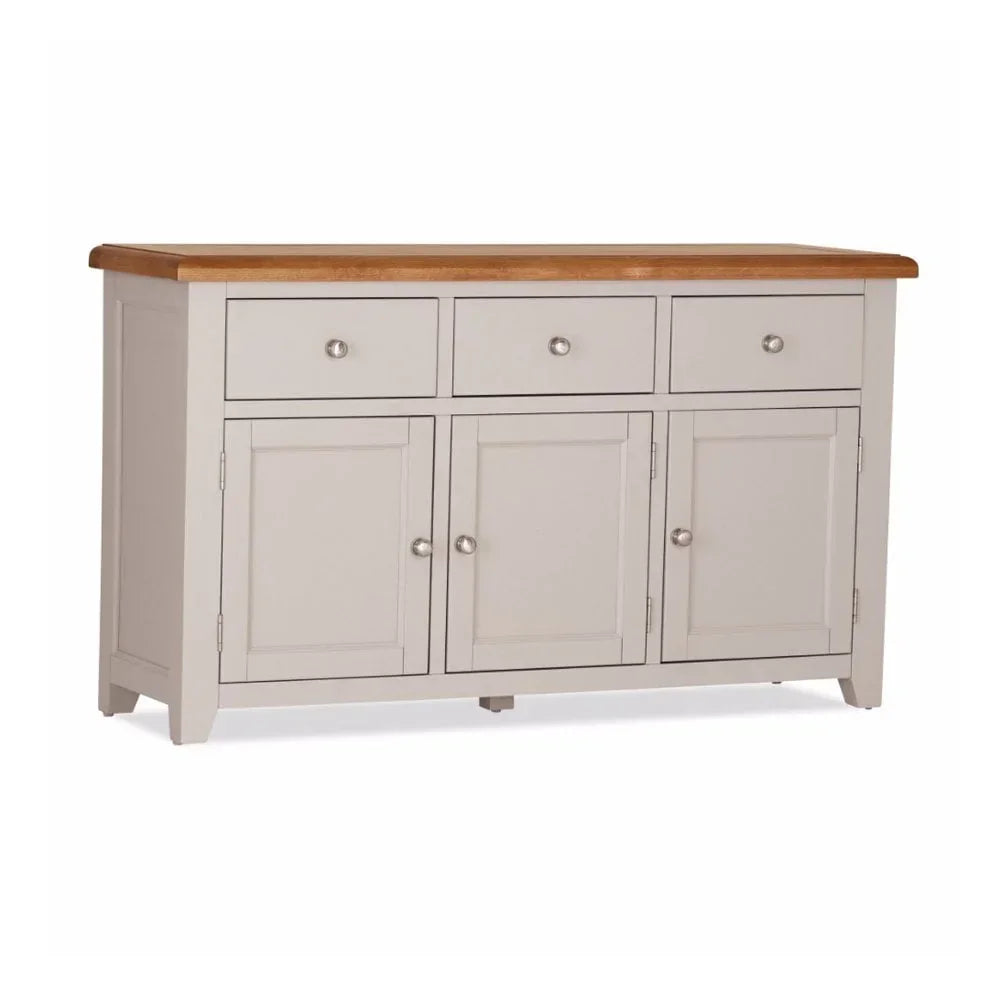 Light grey sideboard with oak top, three drawers and three cupboard doors