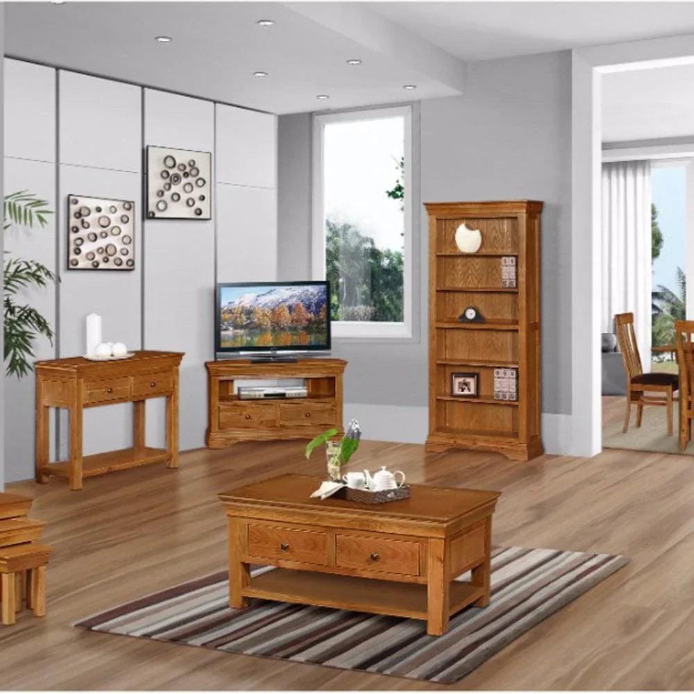 Buy wooden living room furniture set online, including coffee table, TV stand, and bookshelf