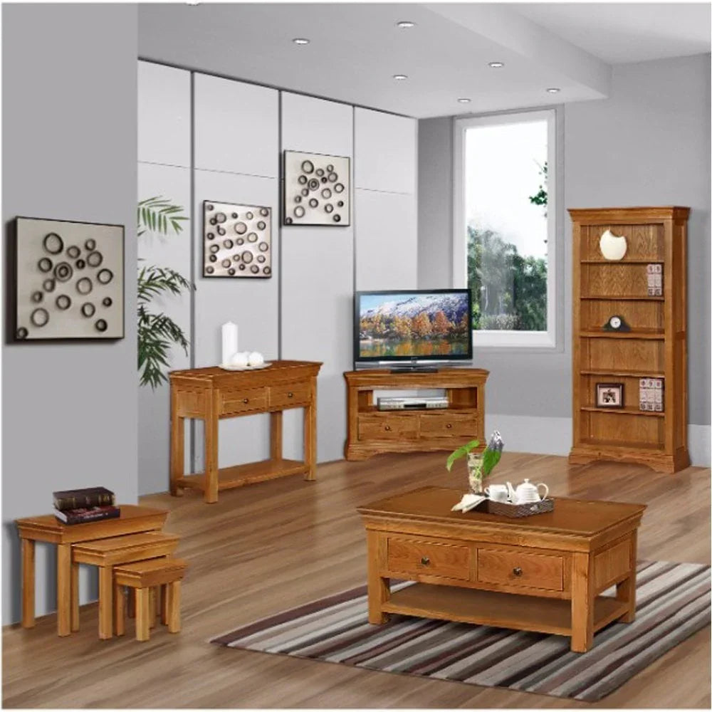 oak living room furniture set with coffee table, TV unit, side tables, and tall bookcase