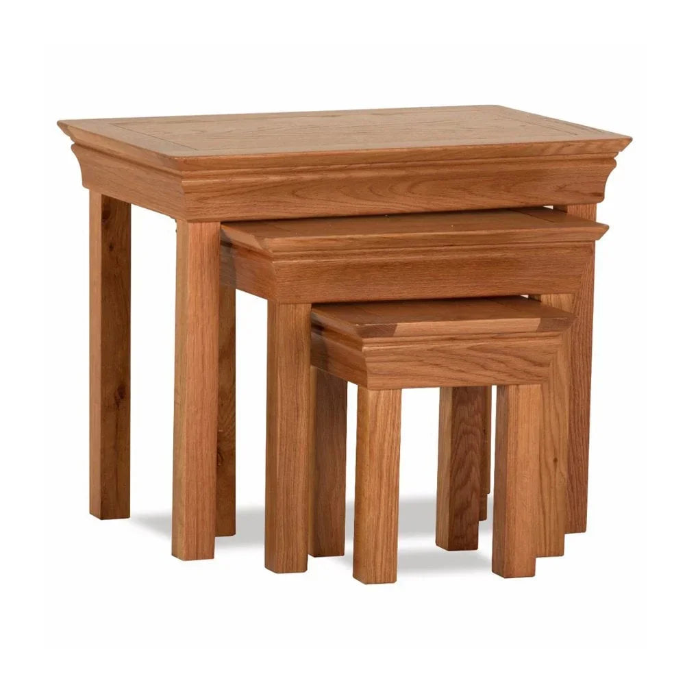 Oak nesting tables set of three with clean lines and natural wood grain finish