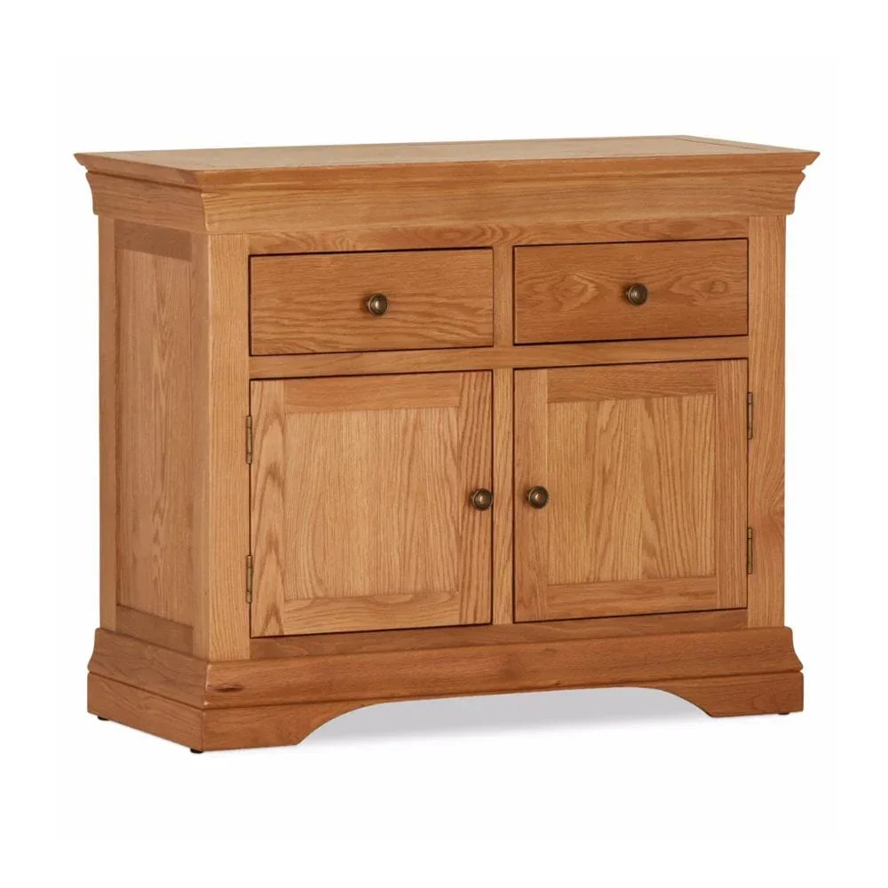Oak sideboard with two drawers and double cupboard doors, front view