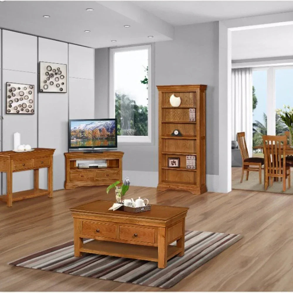 Oak living room furniture set with coffee table, TV unit, bookcase and dining table