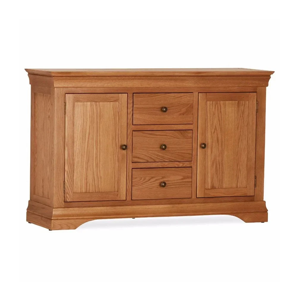Oak sideboard with three drawers and two cabinet doors, classic wooden furniture design