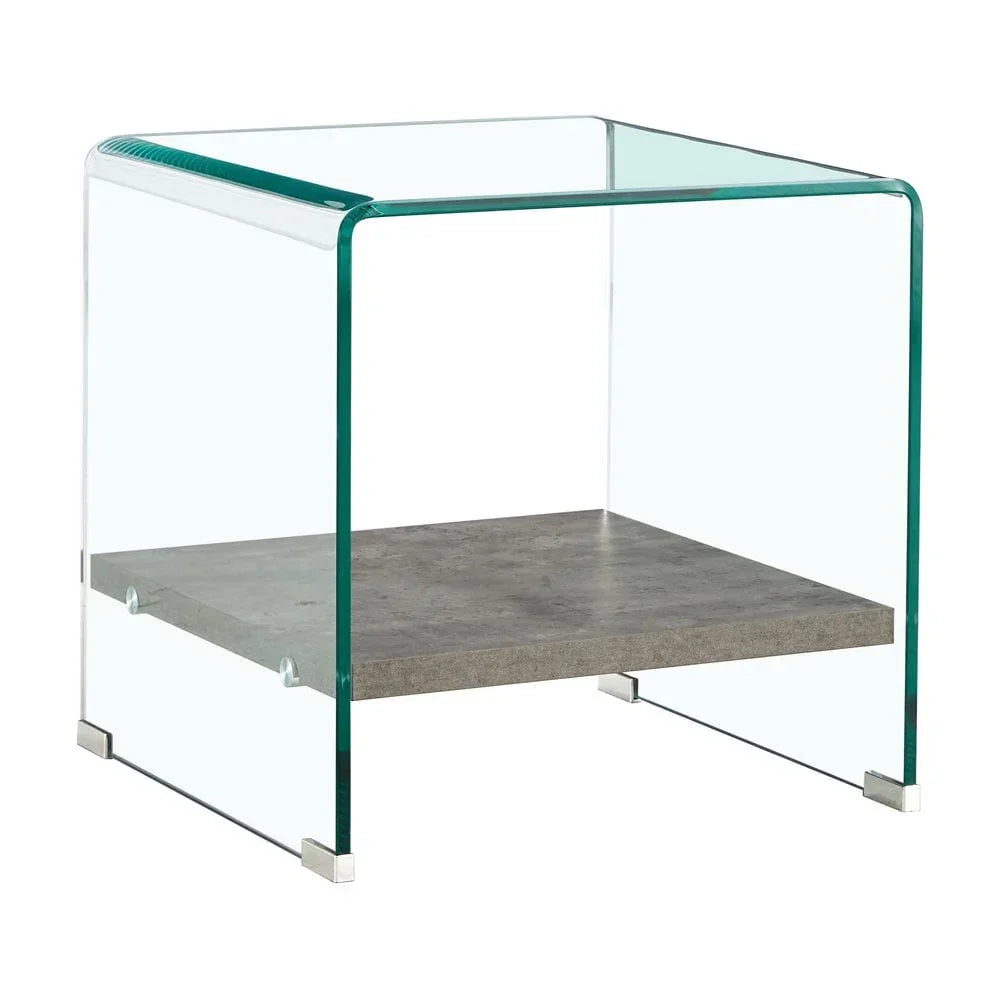 Glass side table with concrete effect shelf and chrome feet, angled front view