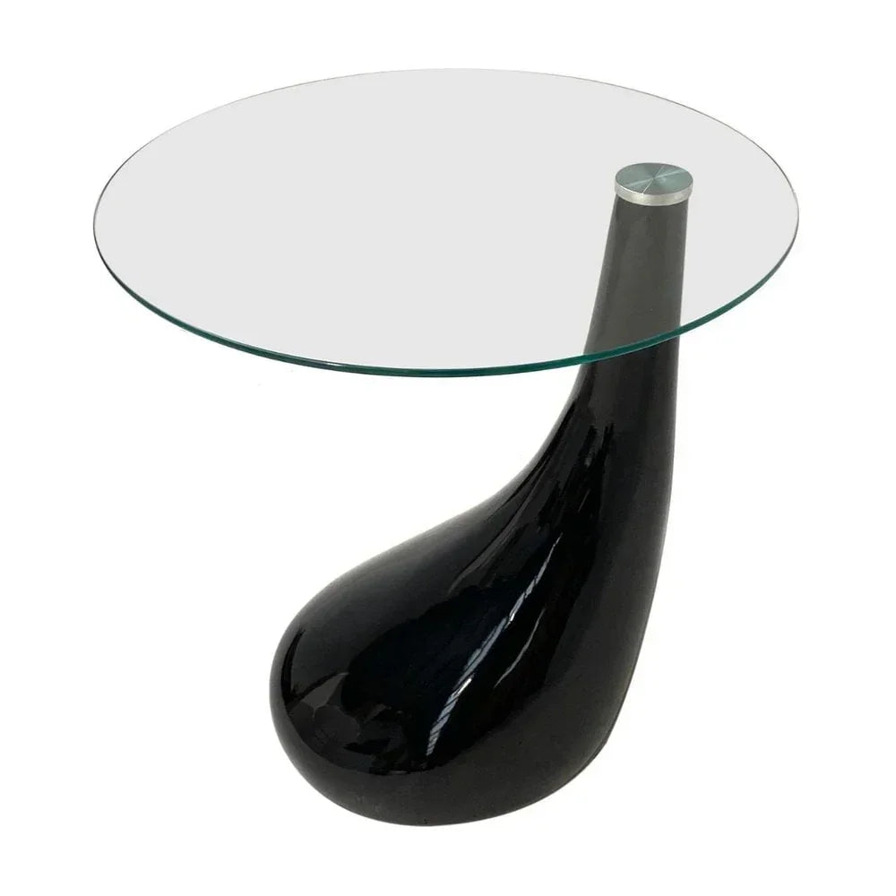 Modern glass side table with clear round top and sculpted black base