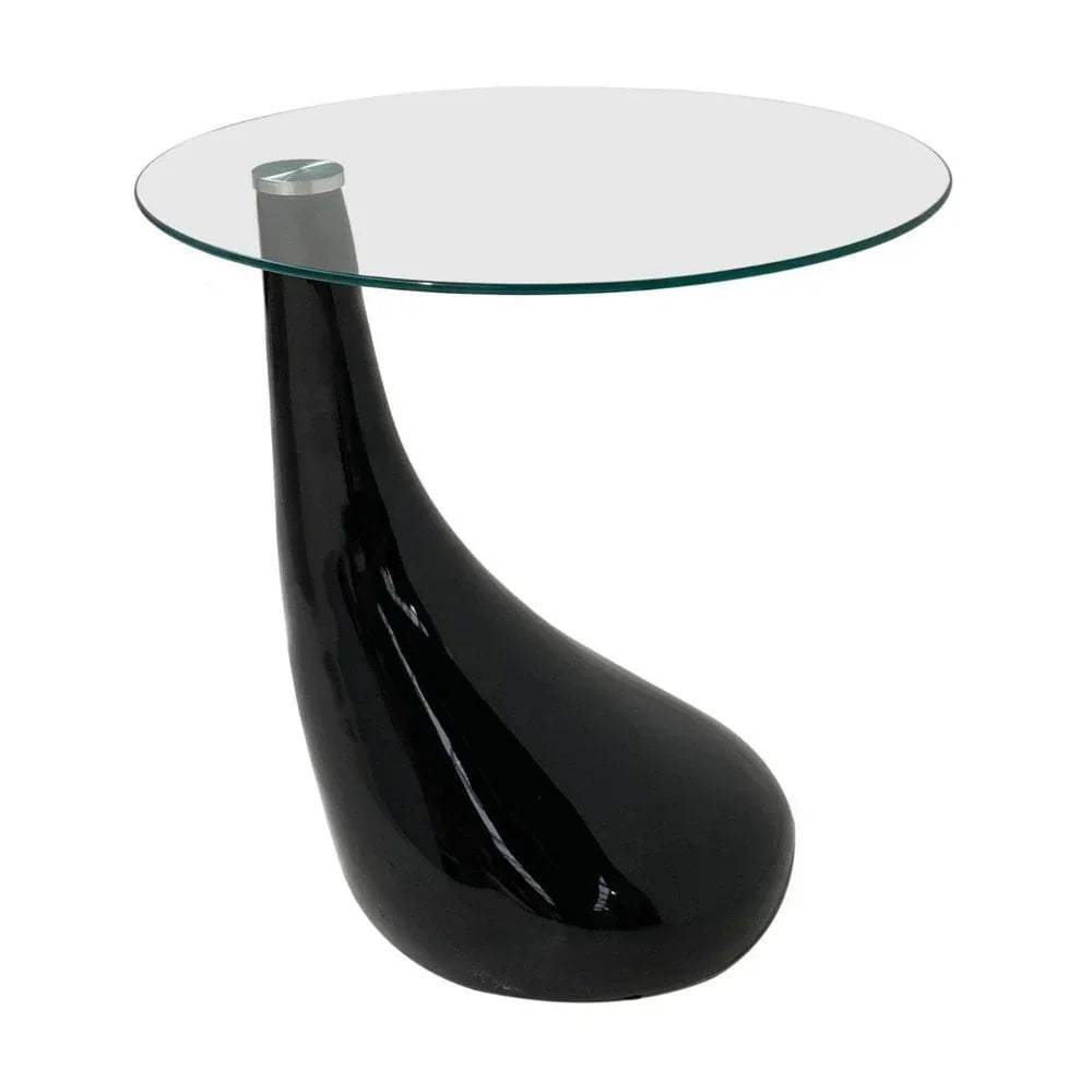 Round glass top side table with modern black sculpted base