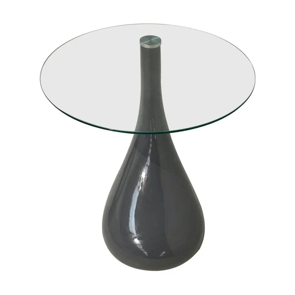 Round glass top side table with glossy grey curved base