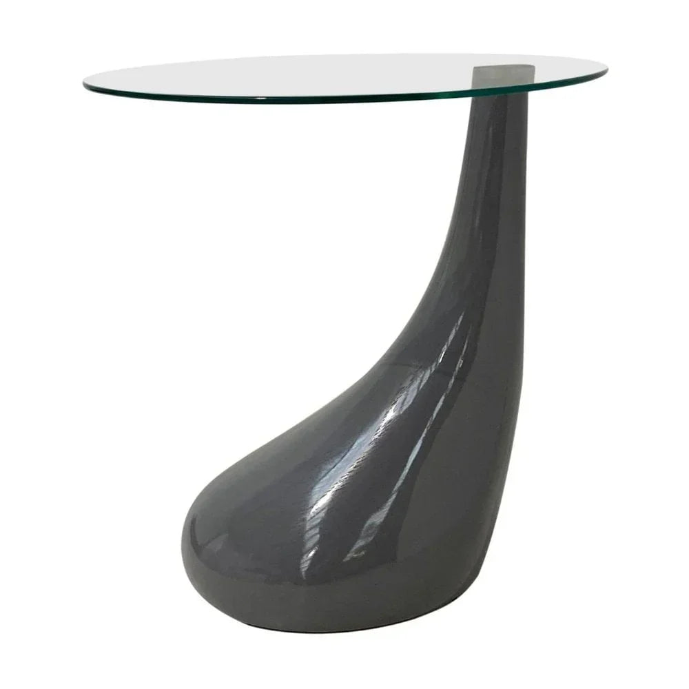 Modern glass top side table with curved glossy grey base