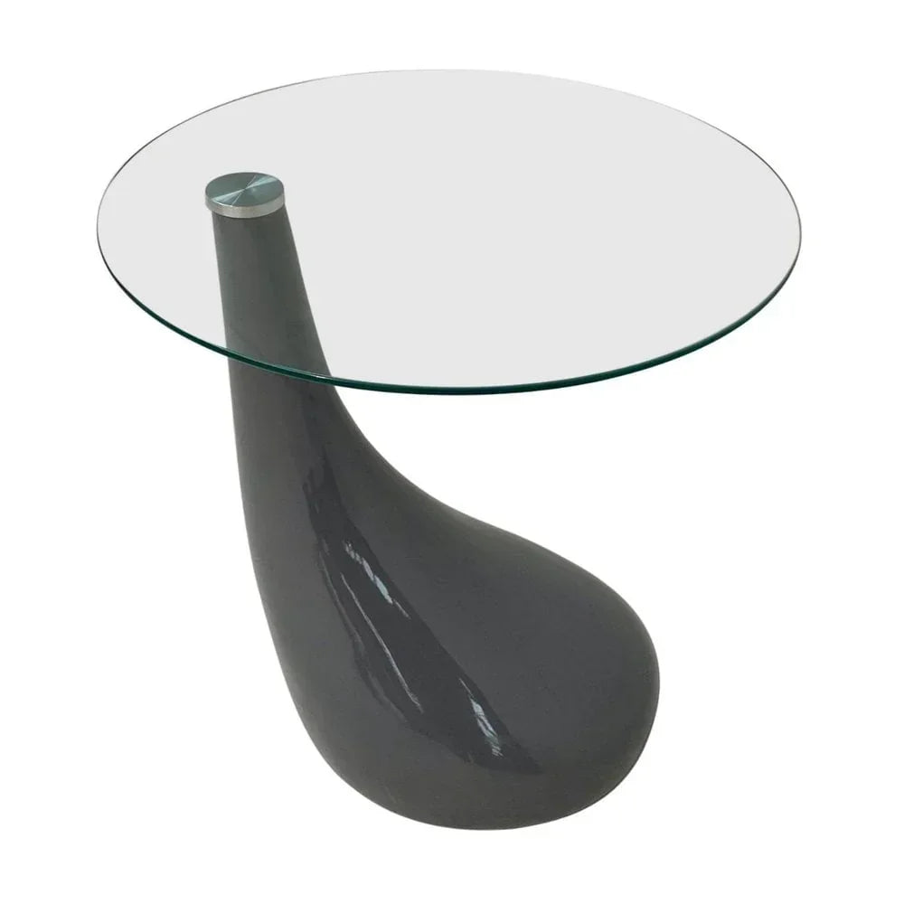 Modern glass side table with round clear top and glossy grey sculpted base