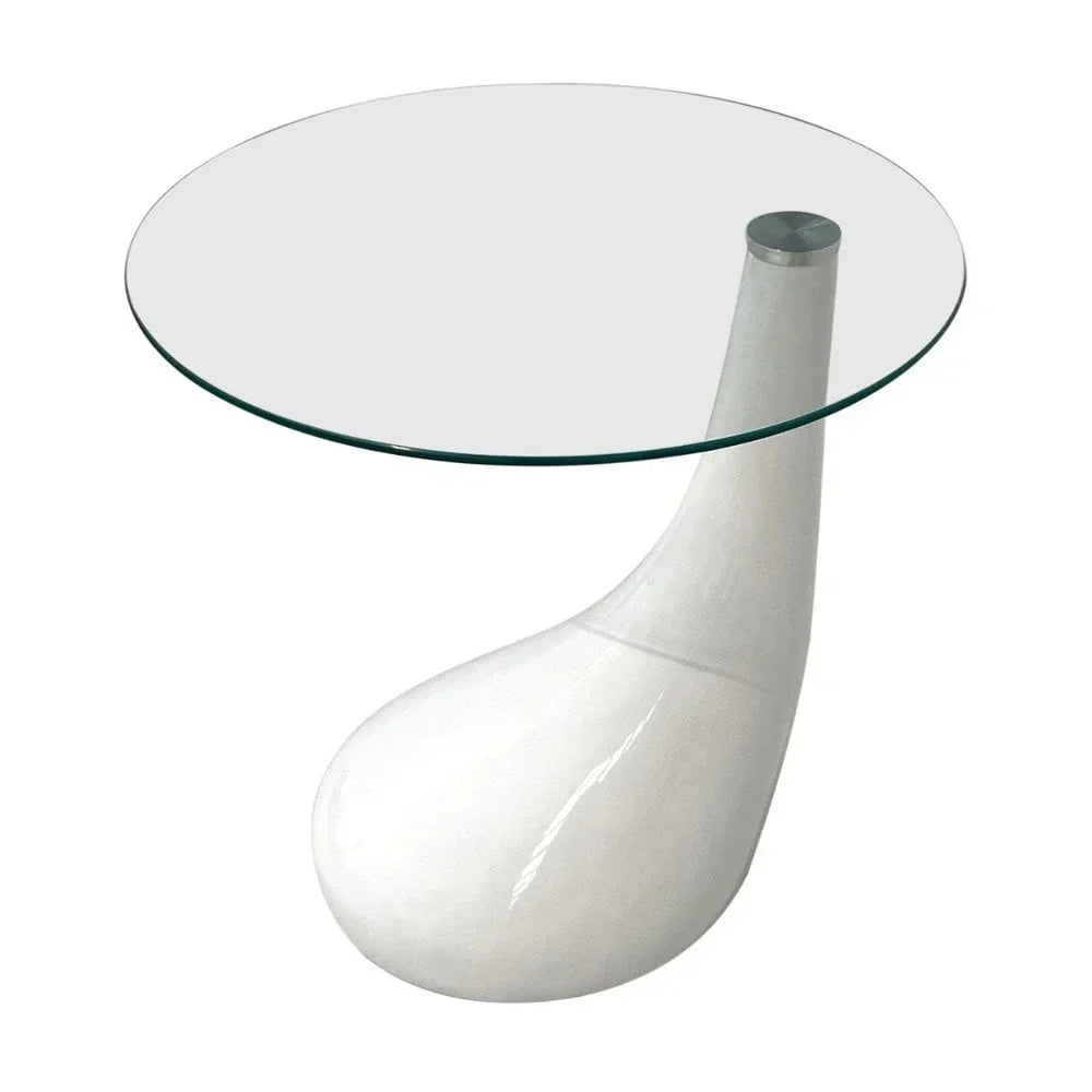 Modern glass side table with clear round top and white sculpted base
