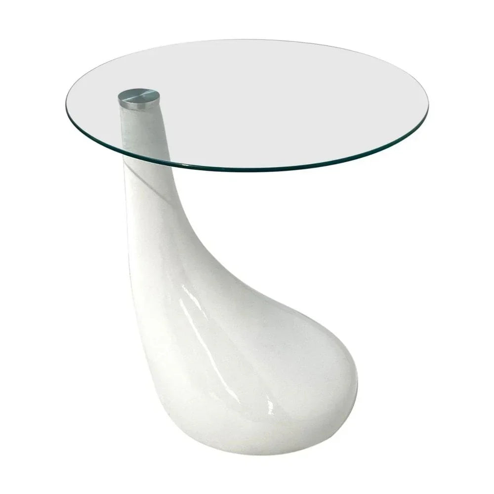 Round glass side table with modern white sculpted base