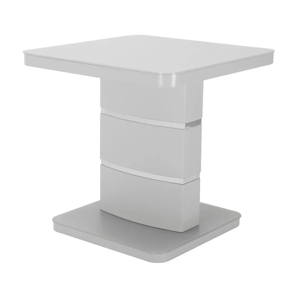 Square high gloss dining table with modern pedestal base in light grey finish