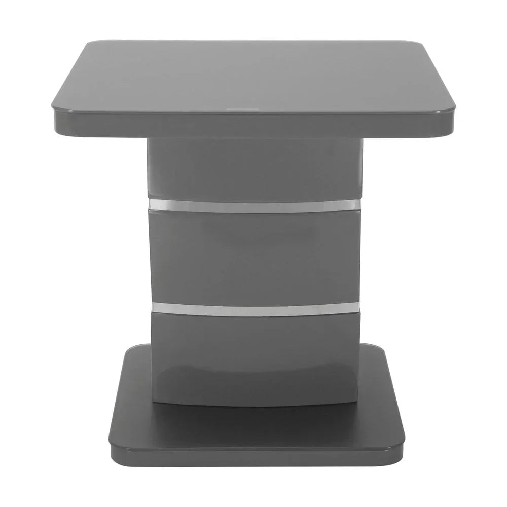 Glossy grey side table with chrome accents and square shape, front view