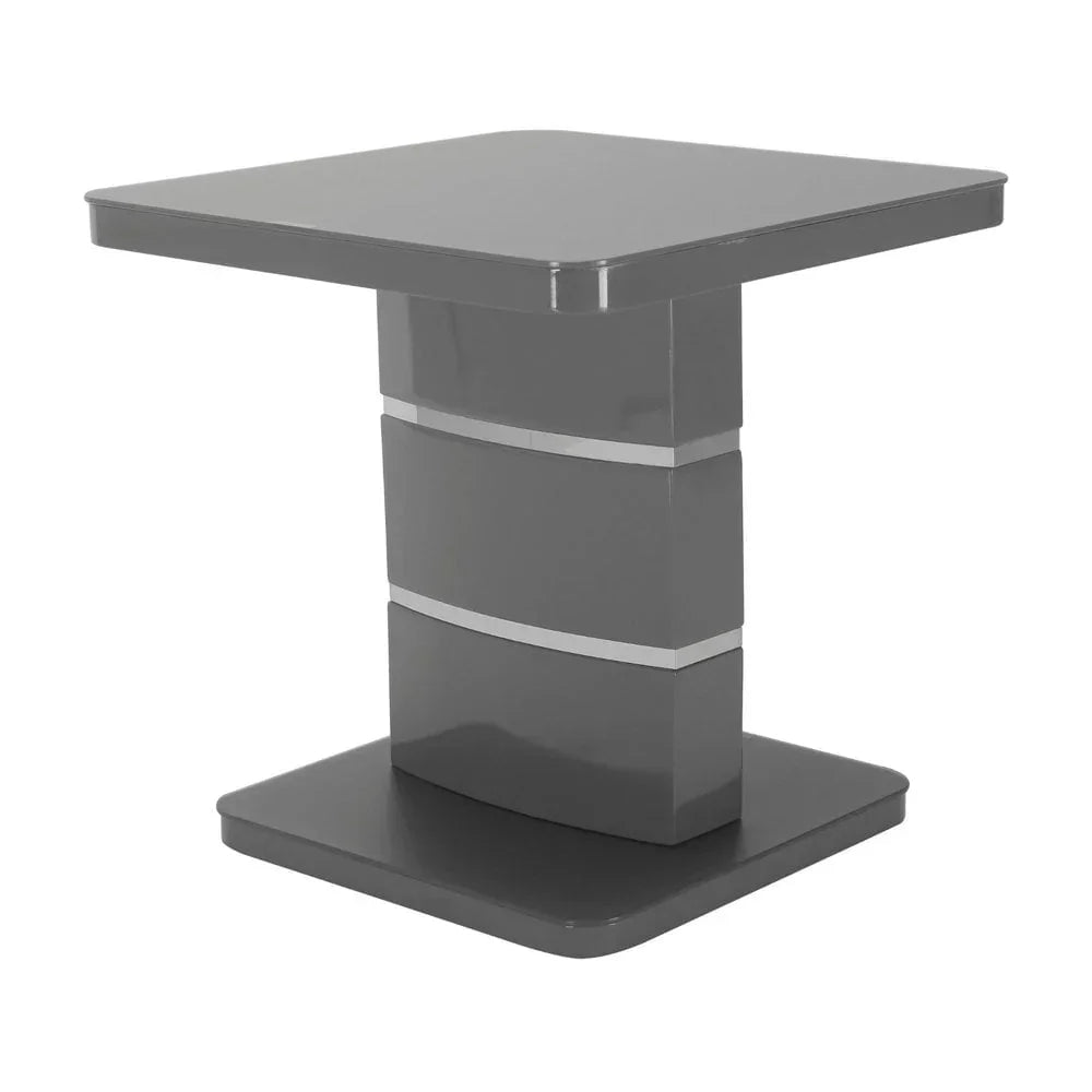 Glossy grey square side table with chrome accents and modern pedestal base