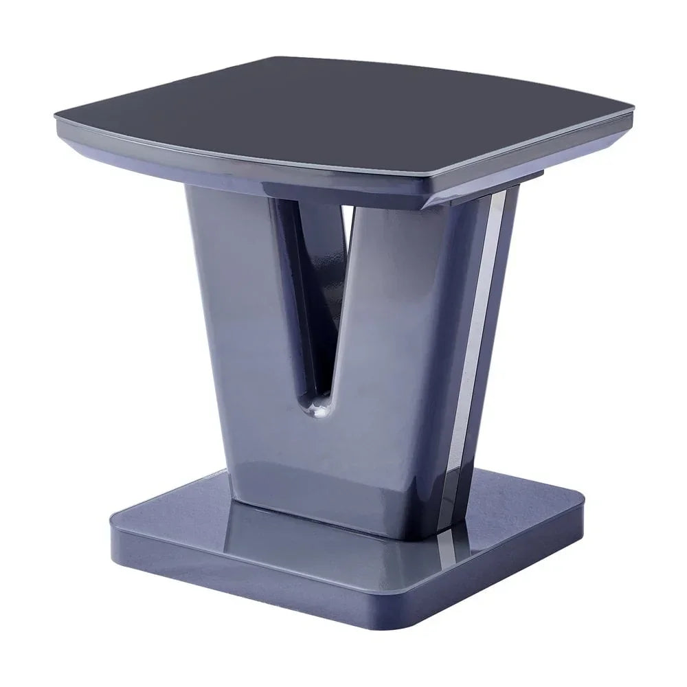 Glossy grey modern side table with square top and V-shaped pedestal base