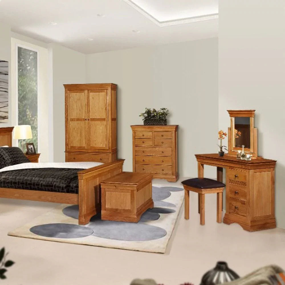 Buy solid wood bedroom furniture set online, including bed, dresser, wardrobe, vanity table
