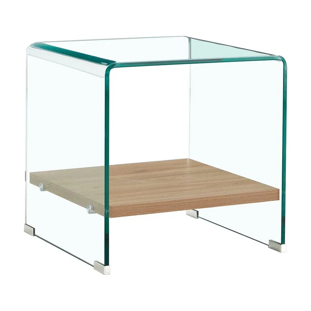 Modern glass side table with wooden shelf and metal feet on white background