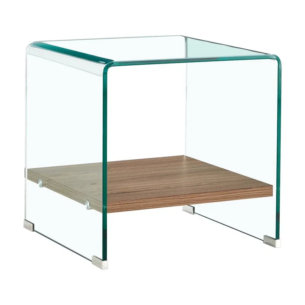Glass side table with wooden shelf and metal feet, modern square design