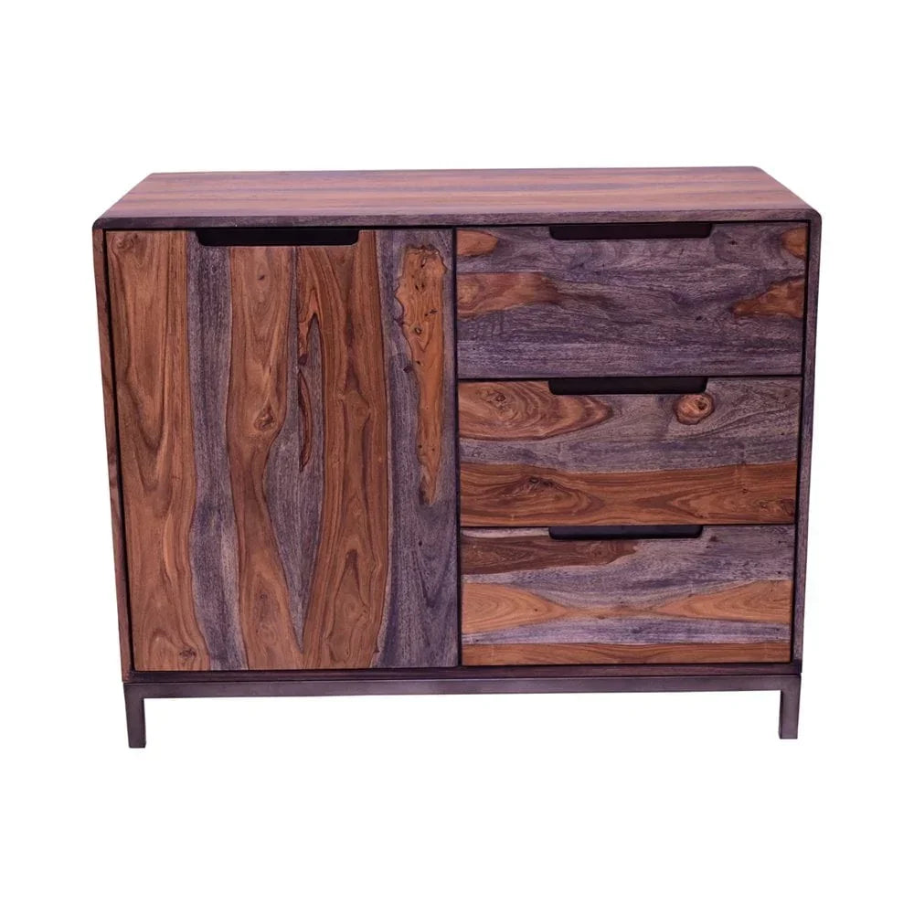 Sheesham wood sideboard with three drawers and one cabinet front view