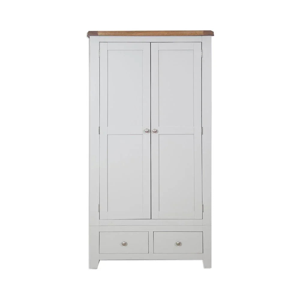 White wooden wardrobe with two doors, oak top, and two lower storage drawers