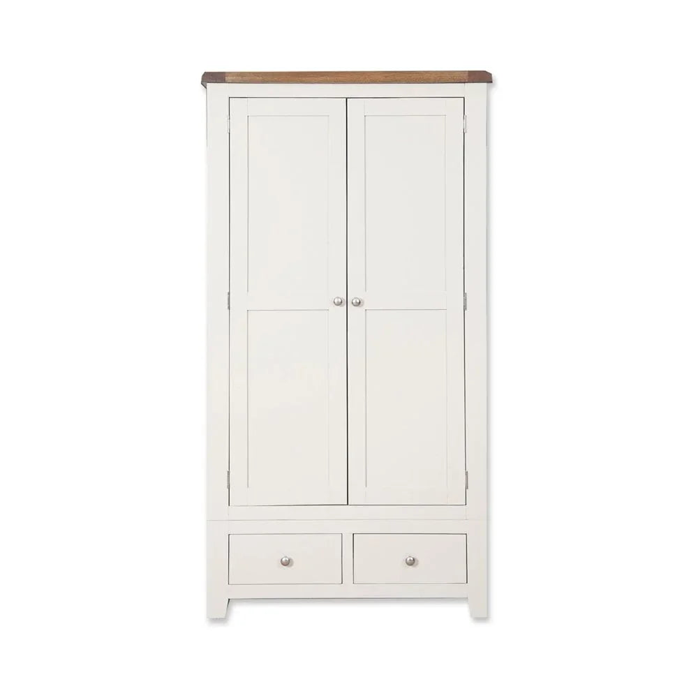 White wooden wardrobe with two panelled doors, oak top, and two lower drawers