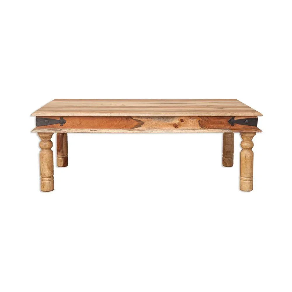 Rectangular wooden coffee table with turned legs and natural finish, front view