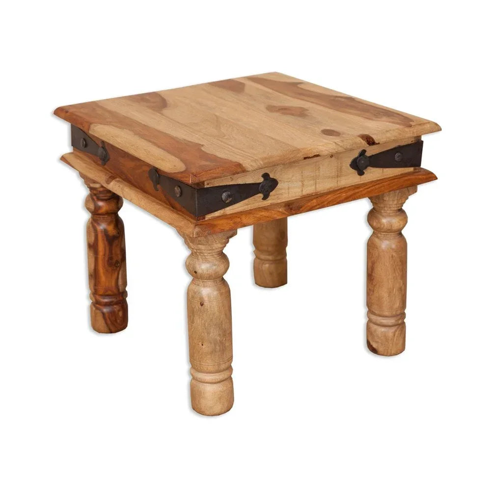 Rustic wooden side table with square top and turned legs, metal corner accents