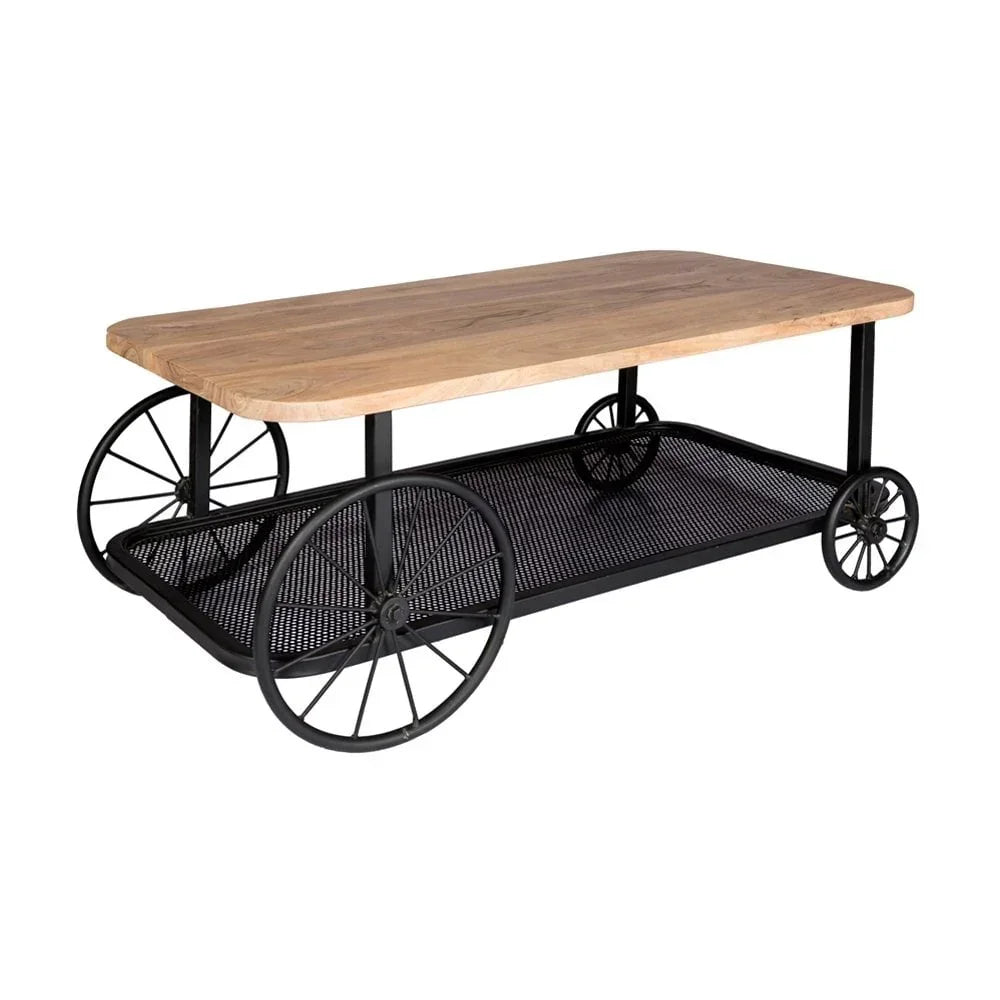 Industrial coffee table with wood top, black metal frame, wheels, and lower mesh shelf
