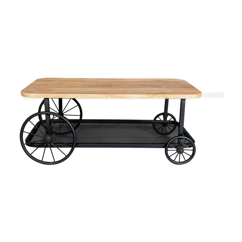 Industrial coffee table with wooden top, black metal frame and four wagon-style wheels