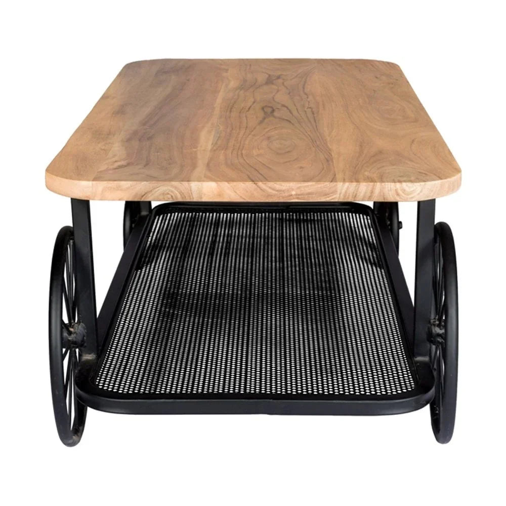 Industrial coffee table with wooden top, black metal frame, wheels, and mesh shelf