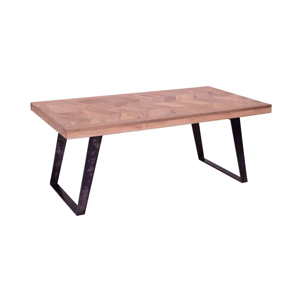 Rectangular wooden dining table with black metal legs on white background