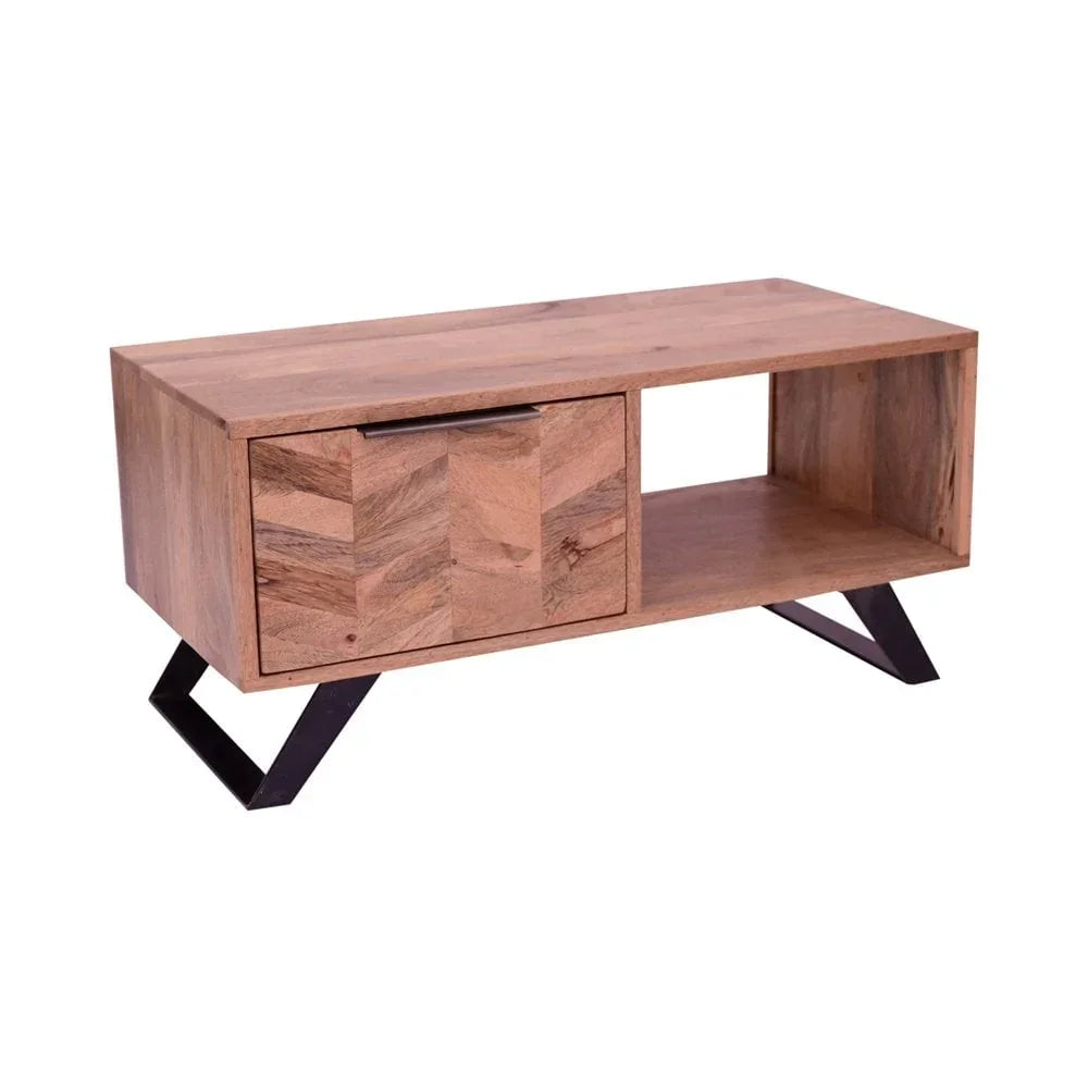 Rectangular wooden coffee table with black metal legs and side storage compartment