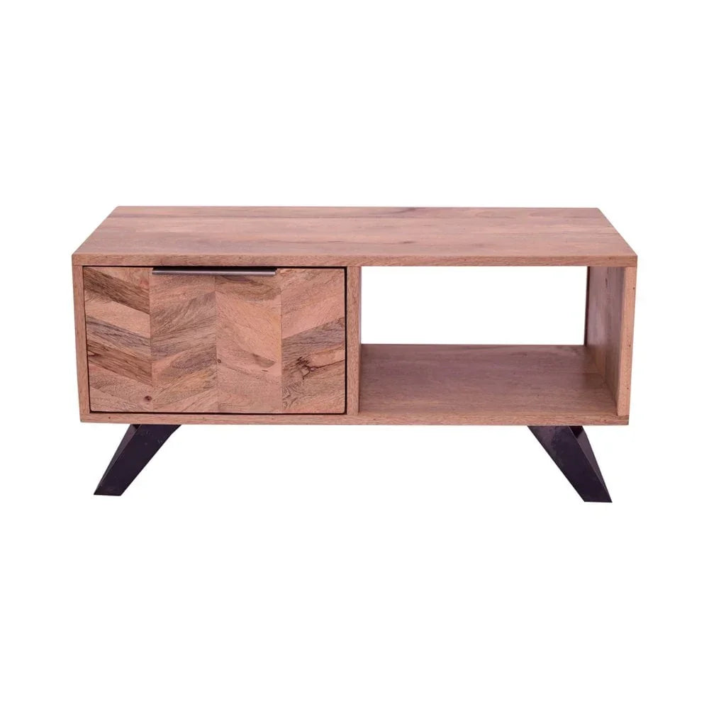 Wooden coffee table with storage shelf and metal angled legs, natural finish