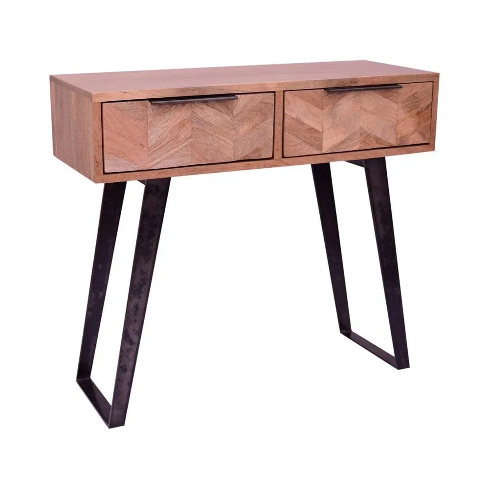 Wood console table with herringbone pattern drawers and black metal legs