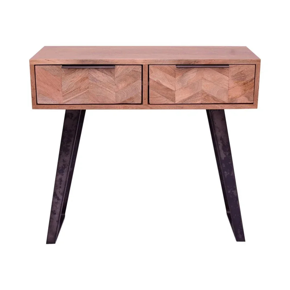 Wooden console table with two chevron-pattern drawers and black angled metal legs