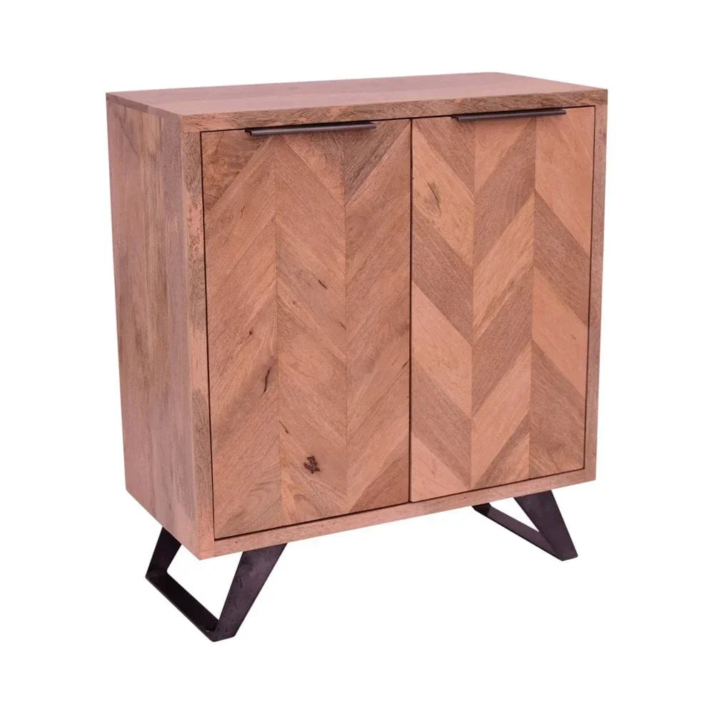 Wooden sideboard with chevron pattern doors and metal legs, angled front view