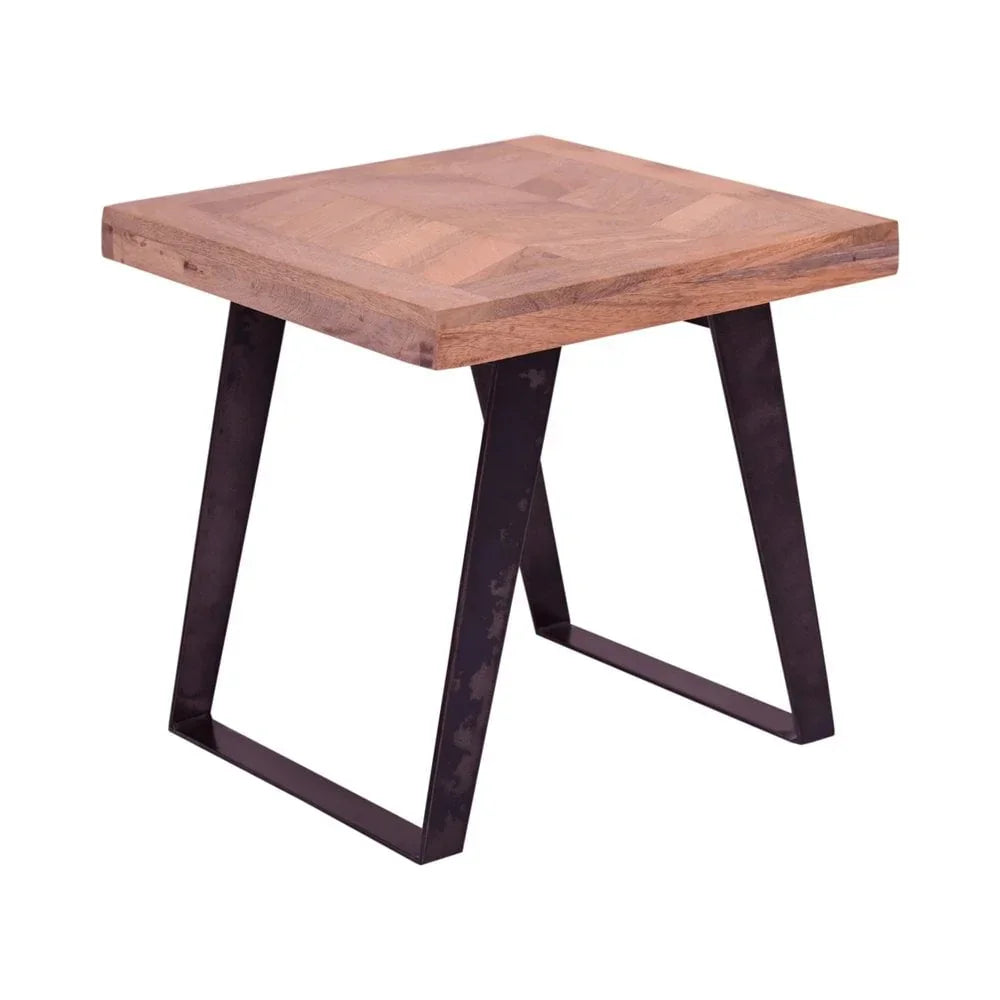 Square wooden side table with geometric metal legs and natural finish