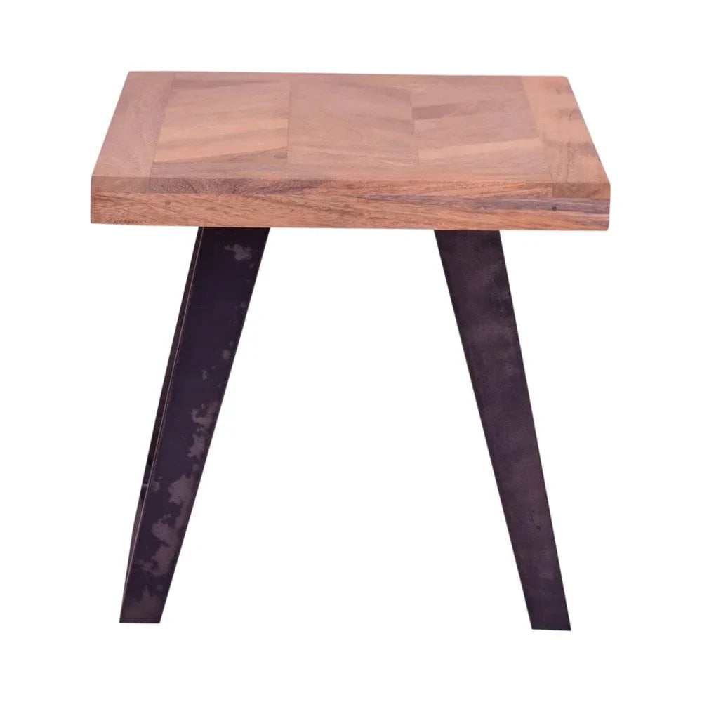 Square wooden side table with black angled metal legs, modern industrial style