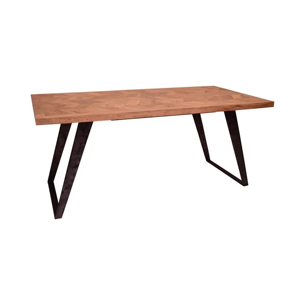 Rectangular wooden dining table with angled black metal legs