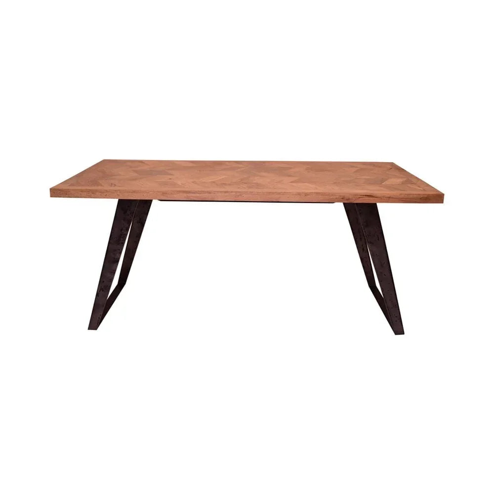 Rectangular wooden dining table with geometric metal legs on white background