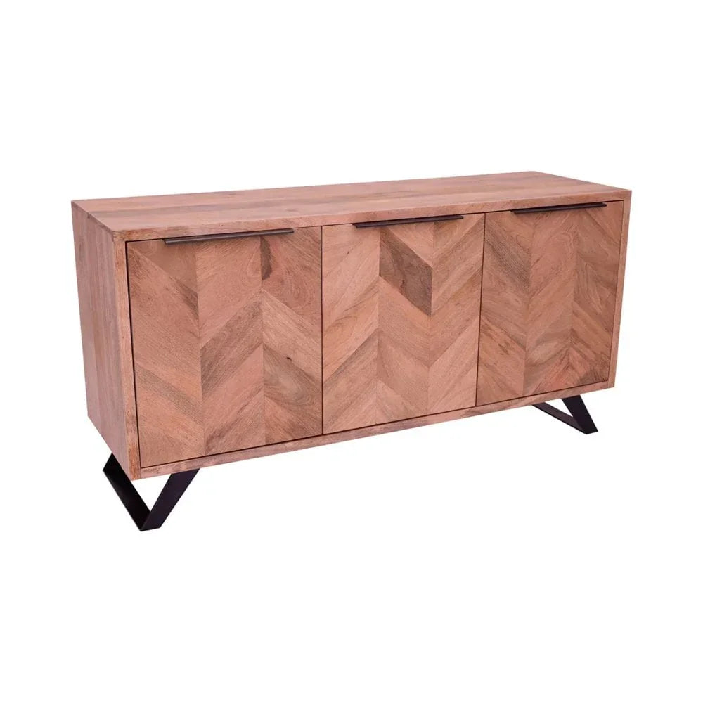 Wooden sideboard with herringbone pattern and black angled metal legs