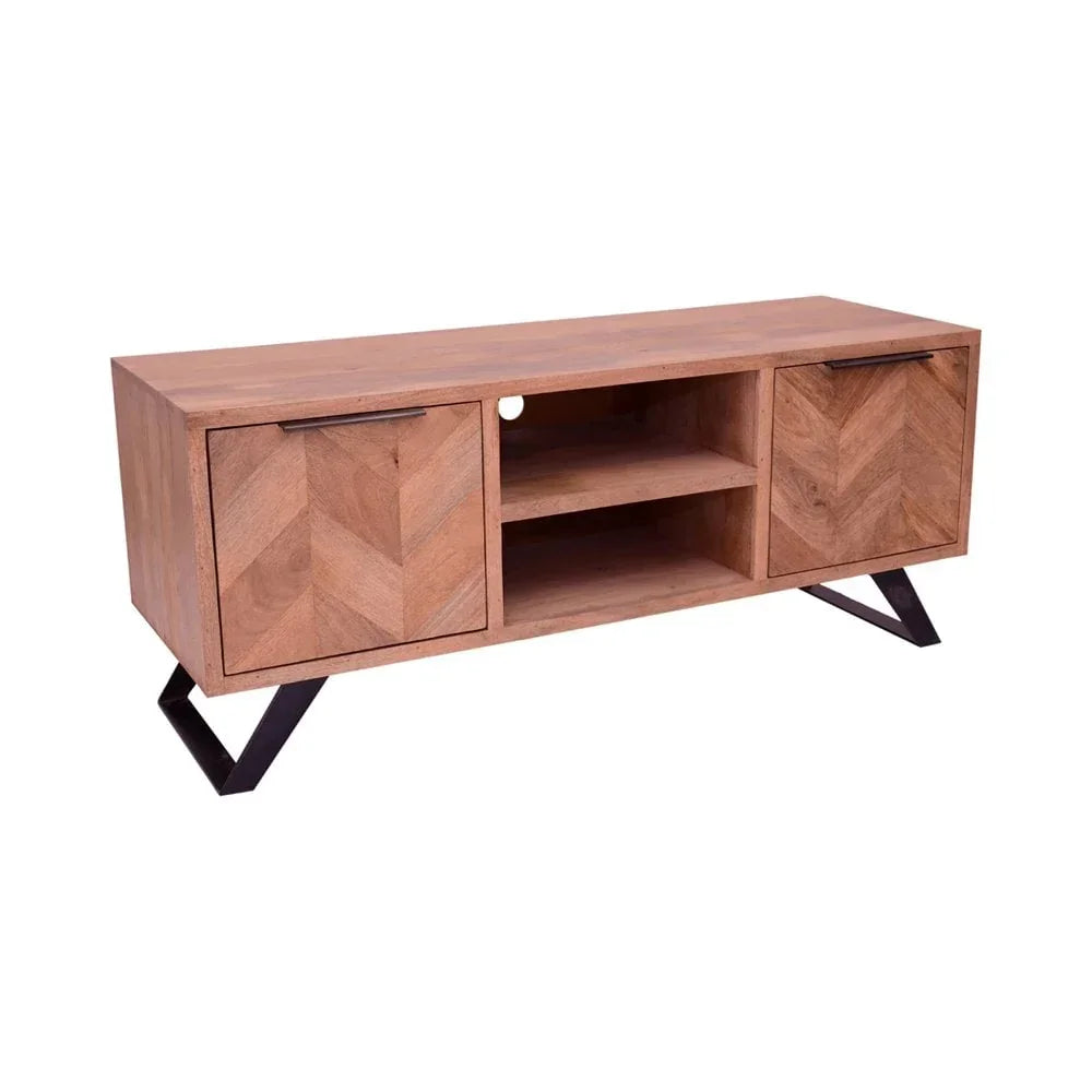 Wooden TV unit with chevron doors, open shelves and black metal angled legs