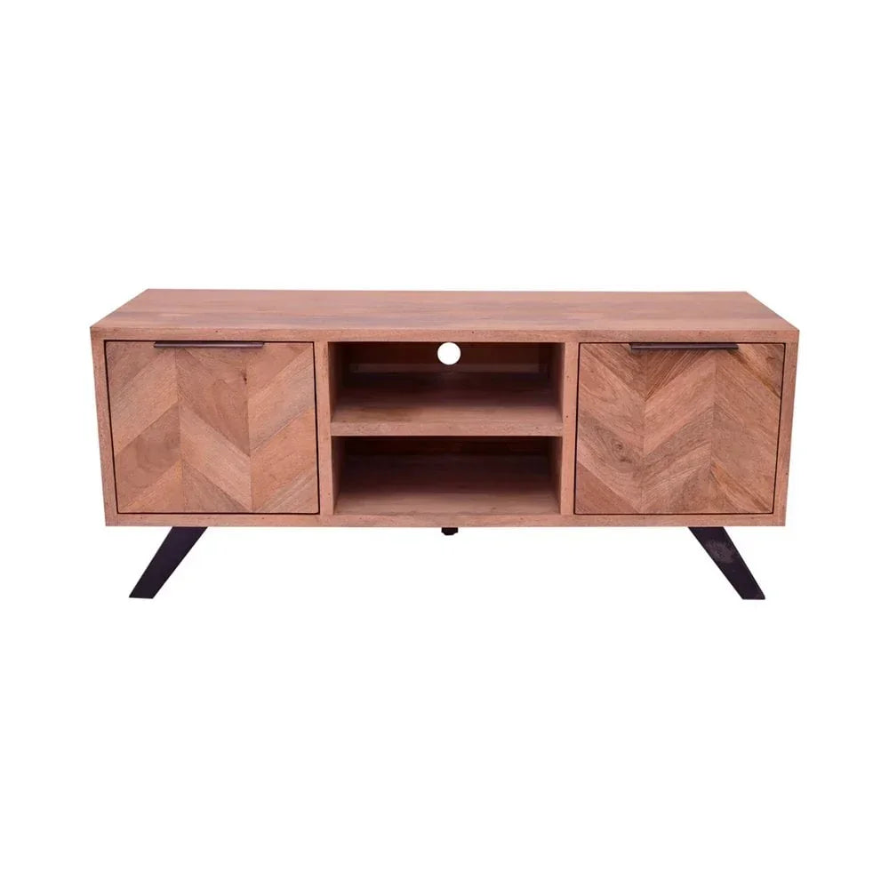 Wooden TV unit with herringbone doors, open shelves, and black angled metal legs