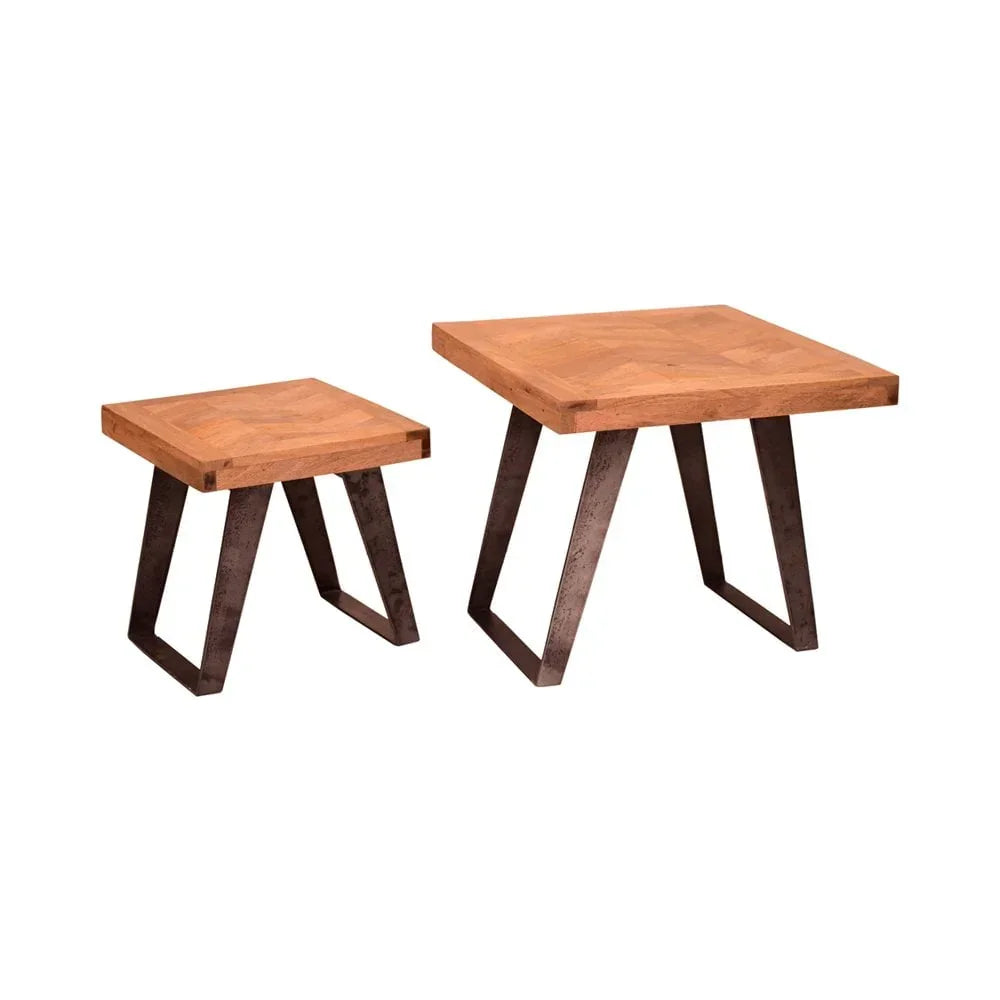 Square wooden side tables with metal legs, set of two, shown against white background