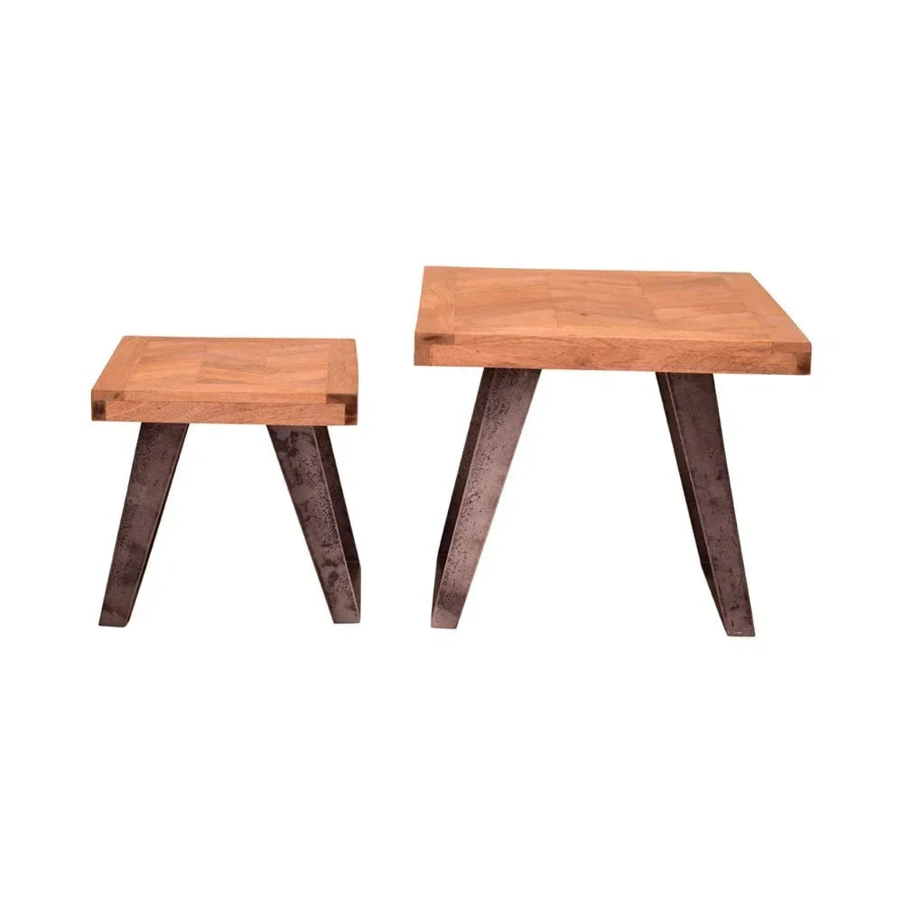 Square wood nest of tables with metal legs, set of two in natural finish