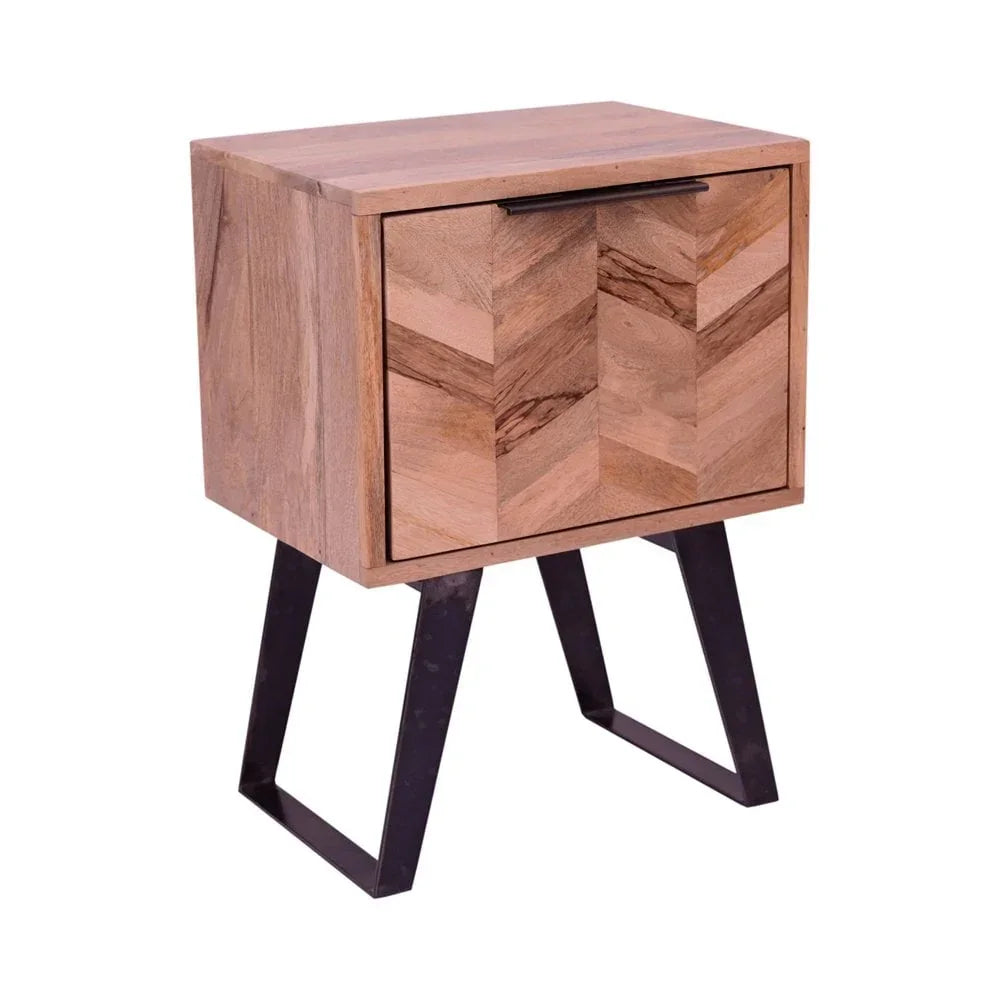 Chevron wood bedside table with black metal legs and single front door