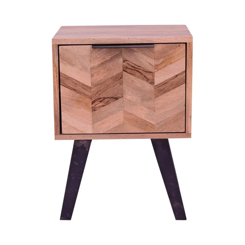 Chevron patterned wooden bedside cabinet with black angled legs
