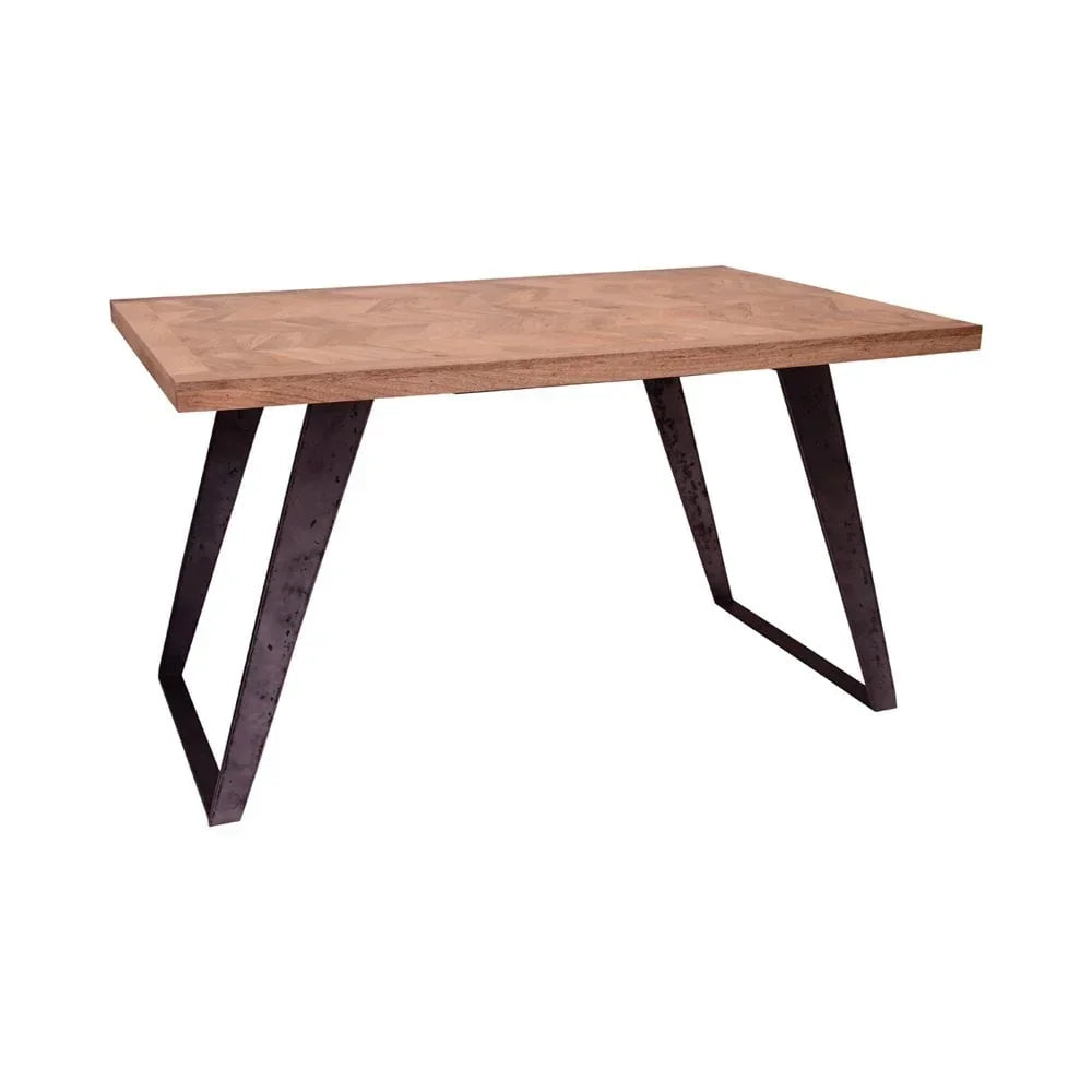 Rectangular wooden dining table with metal angled legs, modern industrial style