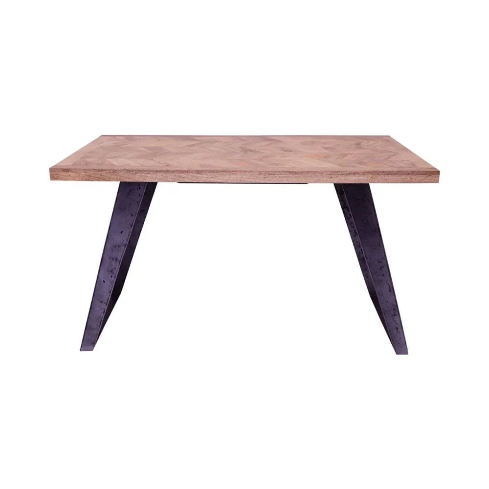 Rectangular wooden dining table with black metal angled legs, front view