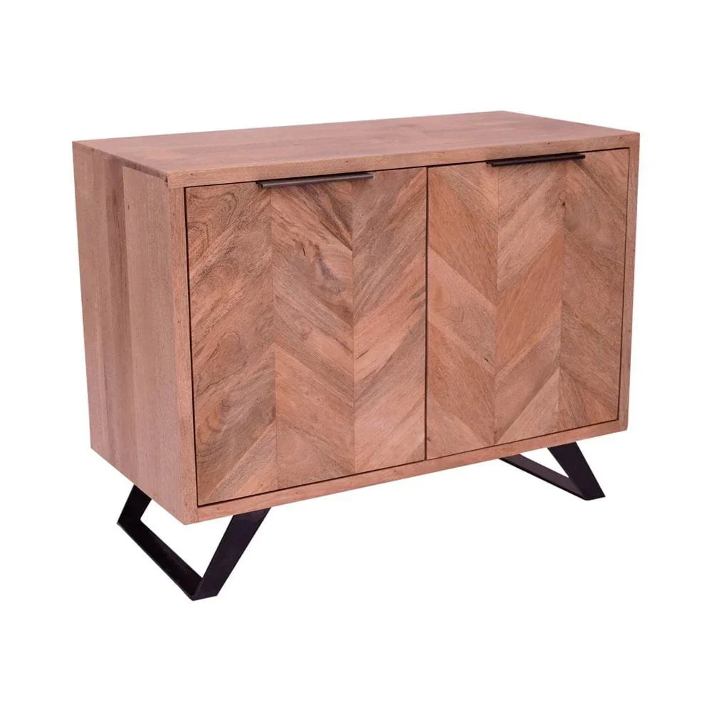 Chevron wood sideboard with black metal legs and two doors, modern furniture design